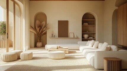 A minimalist living room with a neutral color palette, a few decorative elements, and plenty of open space.