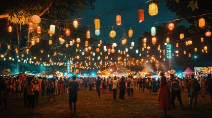 Obraz premium A night festival with hanging lights and a lively crowd.