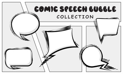 Monochrome comic speech bubble collection with halftone effects