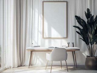 Bright Scandinavian-style home office with large windows, a modern desk, and chair. A blank frame for mockup hangs on the wall, complementing the minimalist interior design.