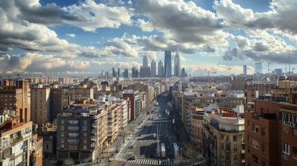 A panoramic cityscape featuring modern skyscrapers and urban architecture under a cloudy sky.