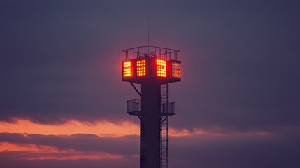 A signal tower with a mix of cool and warm lights, blending harmoniously with the dusk.