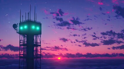 A signal tower with green and blue lights, set against a sunset sky.