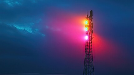 A signal tower with lights creating a rainbow effect, set against a darkening sky
