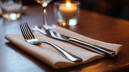 A single fork and knife set on a napkin, with plenty of space for menu descriptions.