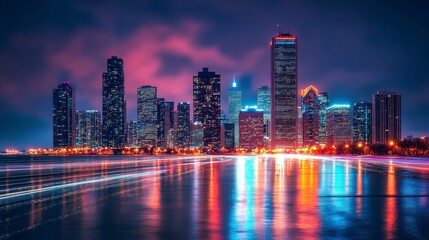 Fototapeta premium City skyline at night with reflections on water, showcasing urban architecture and lights.