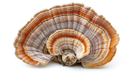 A single turkey tail mushroom with its distinctive concentric rings, isolated on a white background