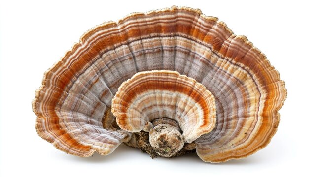 A single turkey tail mushroom with its distinctive concentric rings, isolated on a white background