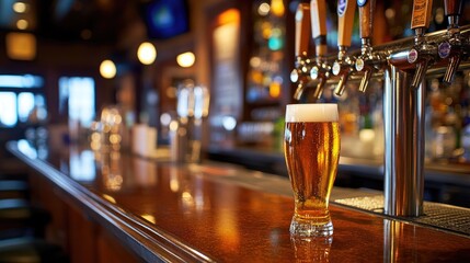 A stylish bar setup with various beers on tap and a glass of beer in focus.