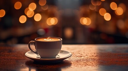Obraz premium A warm cup of coffee on a table with a cozy, blurred background of lights.