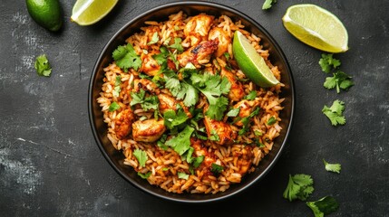A top-down view of rice with roasted chicken, garnished with cilantro and lime wedges.