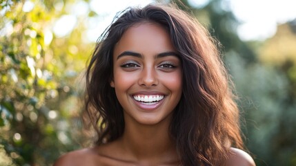 Fototapeta premium Beautiful woman smiling widely, revealing her straight and white teeth, in a natural setting.