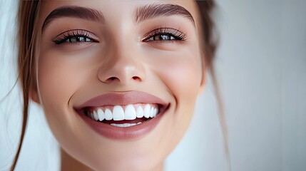 Beautiful woman with perfect teeth smiling confidently, against a soft-focus background.