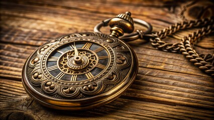A close-up of an antique Brass pocket watch with Roman numerals and intricately carved details, resting on a worn, distressed wooden background.