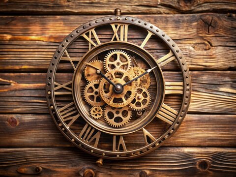 Old-fashioned mechanical clock with intricate gears and roman numerals on a worn wooden background, symbolizing the passage of time and nostalgia.