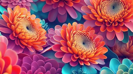Bright and vibrant 3D chrysanthemums with detailed petals, perfect for a contemporary A4 magazine cover design