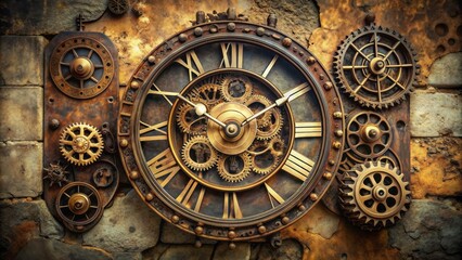 Old-fashioned analog clock with Roman numerals and intricate details on a distressed stone wall, surrounded by vintage gears and rusty mechanical components.