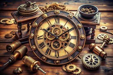 Obraz premium Vintage-style analog clock with intricate Roman numerals and ornate details sits atop a worn, wooden table, surrounded by scattered clockwork gears and tools.