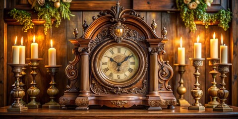Ornate, antique-style mantel clock with intricate carvings and Roman numerals on its round face, sitting atop a decorative wooden mantle surrounded by candles and vases.
