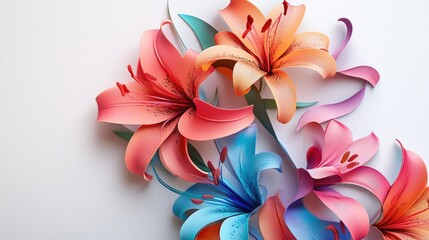 Fototapeta premium Colorful 3D lilies with intricate details, forming a striking floral pattern on a minimalist white A4 brochure cover