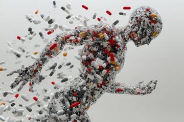 Abstract representation of a humanoid made of pharmaceuticals merging human anatomy with medicinal technology