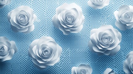 Elegant 3D white roses on a textured blue halftone background, blending classic floral beauty with modern graphic design
