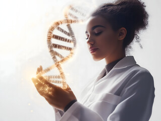 Scientist Holding a Glowing DNA Strand Hologram