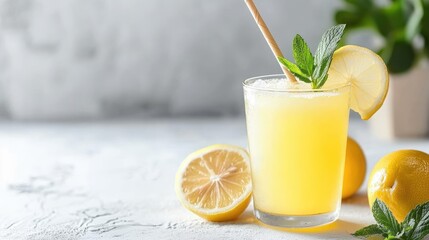 Fototapeta premium Glass of honey lemon juice with a bamboo straw, garnished with mint leaves, on a white