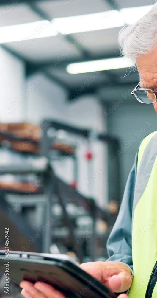 Poster Man, engineer and browsing tablet at warehouse for machine inspection with checklist for safety. Mature person, manager and logistics at factory for distribution, supply and production at storehouse