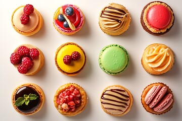 Obraz premium Elegant Assorted French Pastries Macarons Eclairs Mini Tarts Colorful Delicate and Decadent Perfect for Gourmet Dessert and Patisserie Photography