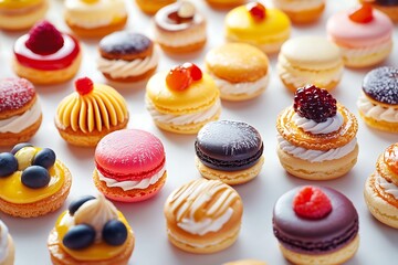 Fototapeta premium Elegant Assorted French Pastries Macarons Eclairs Mini Tarts Colorful Delicate and Decadent Perfect for Gourmet Dessert and Patisserie Photography