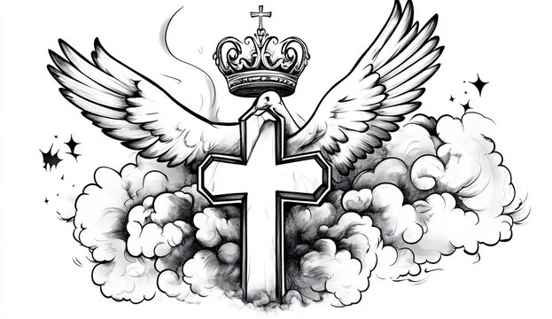 Elegant tattoo design of cross, dove, and crown art