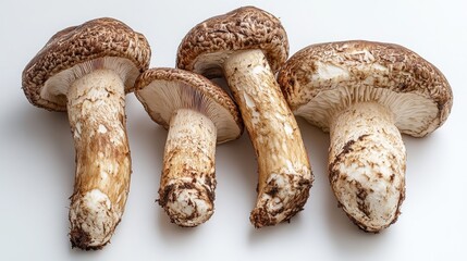 Matsutake mushrooms displayed in an artistic arrangement, highlighting their unique features on a white background.