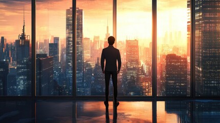 Fototapeta premium Newly established professional standing in front of a large window, confidently looking at the cityscape.