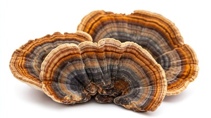 Organic turkey tail mushrooms with a focus on their concentric ring patterns, isolated on a white background.