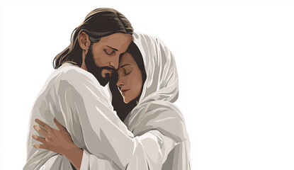 Obraz premium Minimalist digital painting of Jesus embracing Mary on white.
