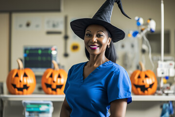 Portrait of mature female black nurse in blue scrubs and wearing a witch hat standing at a hospital with halloween jack-o'-lanterns decorations in the background.