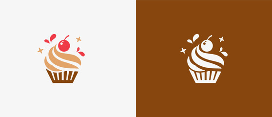 Logo Cup cake with cherry n top and sparkling effect. Logo food, cake, sweet, and bakery. Editable file