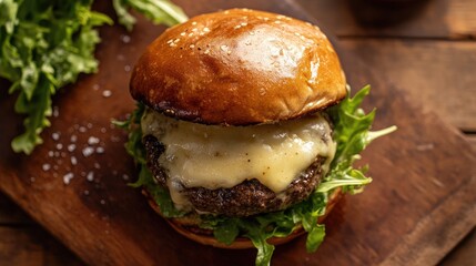 Top view of a gourmet truffle burger with melted cheese and fresh lettuce on a wooden board.