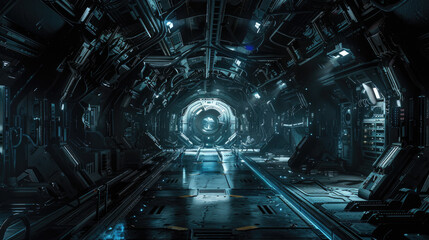 Dark interior of alien space base or spaceship, gloomy corridor inside extraterrestrial spacecraft, futuristic scene. Theme of future, room, ship, science, movie