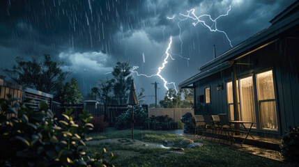 Lightning and thunder above house backyard, storm in town at night, view of thunderstorm and home. Theme of strike, lightening, bad weather, rain © Natalya
