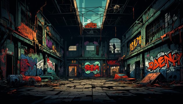 Abandoned warehouse with graffiti flat design, top view, urban decay, cartoon drawing, Splitcomplementary color scheme