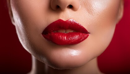 Obraz premium A close-up shot of a woman's lips painted a bold, fire engine red, with a slight sheen to hi