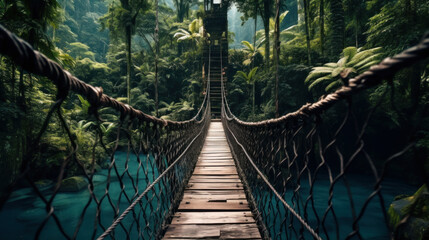 Obraz premium Vintage rope hanging bridge in jungle, suspension footbridge over river in dark rainforest. Theme of tropical nature, fantasy, adventure, journey, wood, summer.