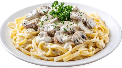 Truffle mushrooms on a bed of pasta with creamy sauce, garnished with parsley, isolated on a white background.