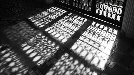 Sunlight filtering through a wrought iron gate, casting detailed shadows on a tiled floor