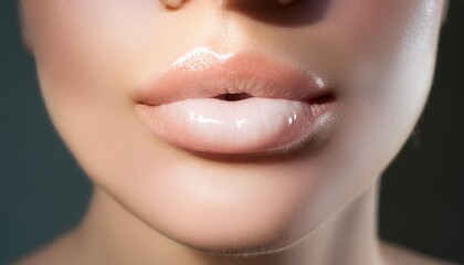 Naklejka premium A delicate, pale pink lip color on a woman's lips, with a subtle shine to give a natural loo