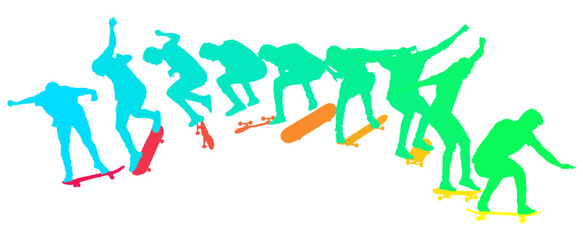 Dynamic silhouette sequence of skateboarder performing mid-air trick. Frame-by-frame image of skate trick. Multicolored vector illustration of silhouette. Fluid motion and athletic skateboarding skill © Mykhailo Shvets