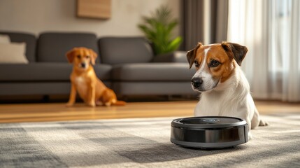 Vacuum cleaner robot with a pet dog watching curiously in a cozy living room.