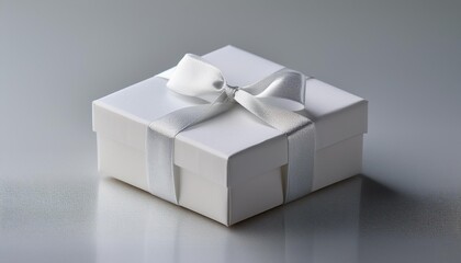  A small, elegant white gift box with a satin ribbon bow on top, placed on a smooth, light gr